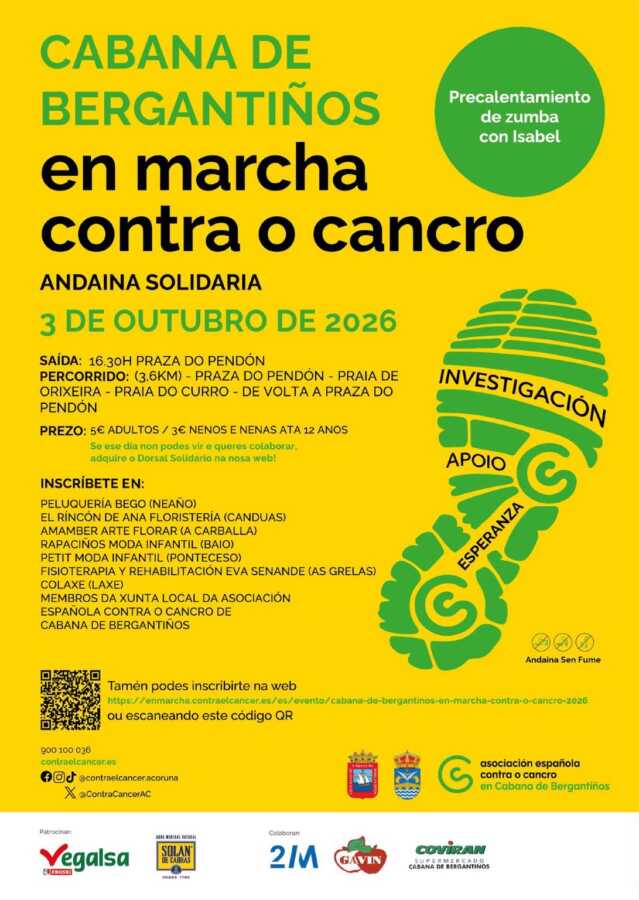 Cartel da andaina solidaria Cabana de Bergantiños en marcha contra o cancro, o 3 de outubro de 2026
