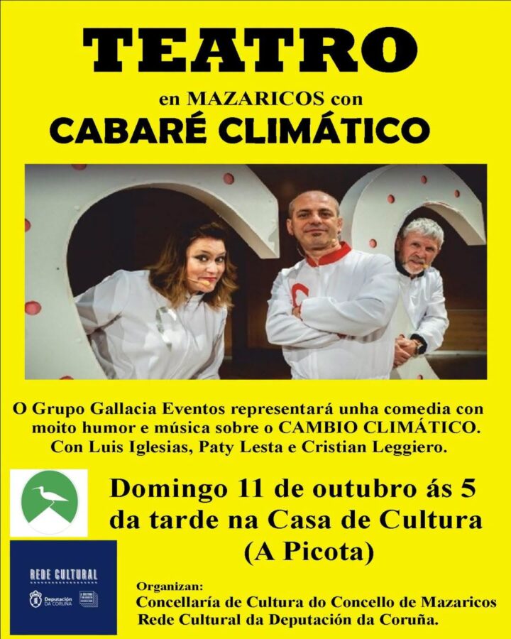 Cartel de Cabaré Climático en Mazaricos, teatro con música e humor o 11 de outubro de 2026