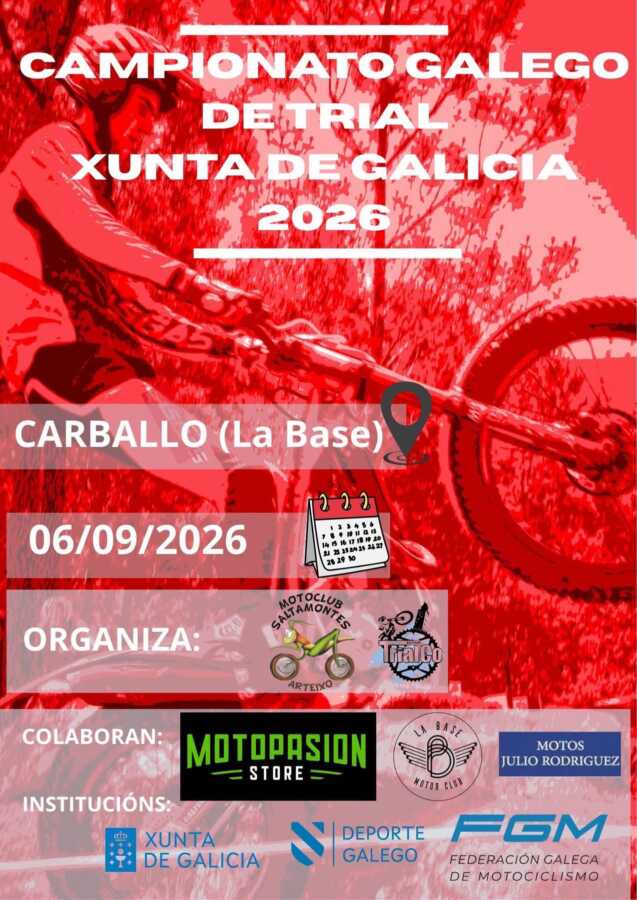 Cartel del Campeonato Galego de Trial Xunta de Galicia 2026 en La Base Motor Club, Carballo