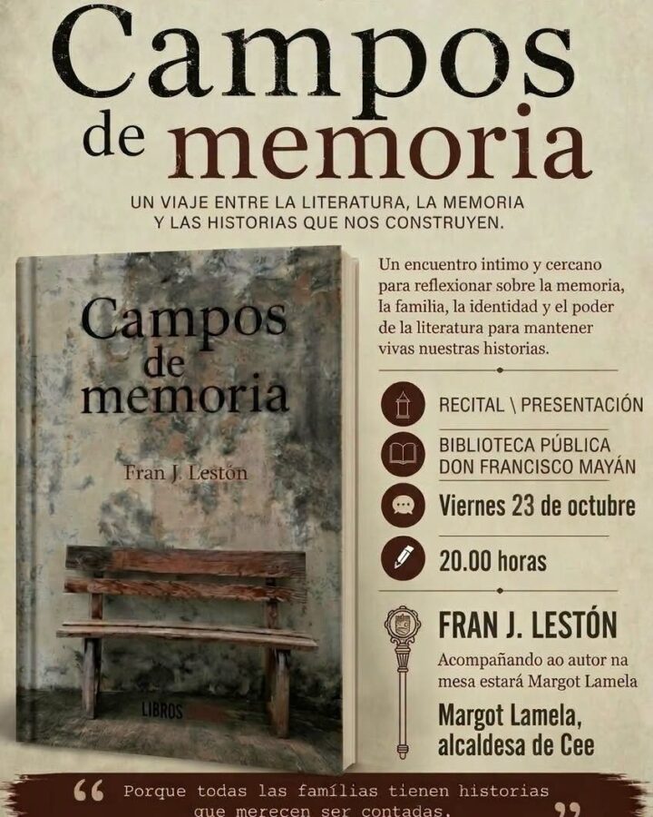 Cartel da presentación e recital Campos de memoria de Fran J. Lestón en Cee