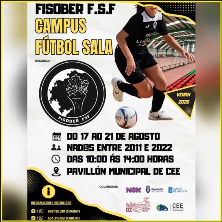 Cartel del Campus Fisober FSF de fútbol sala 2026, del 17 al 21 de agosto en el Pabellón Municipal de Cee.