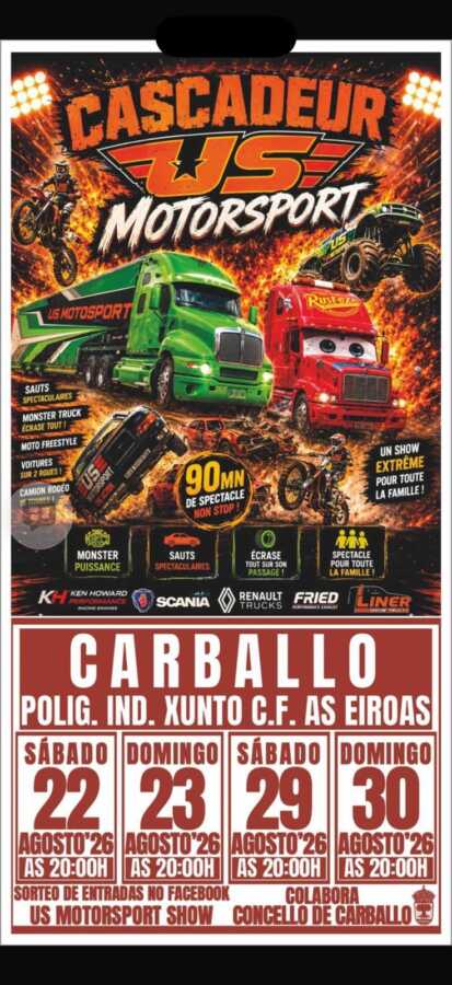 Cartel de Cascadeur US Motorsport en Carballo, con exhibiciones de motor los días 22, 23, 29 y 30 de agosto de 2026 a las 20:00 h junto al campo de fútbol de As Eiroas.