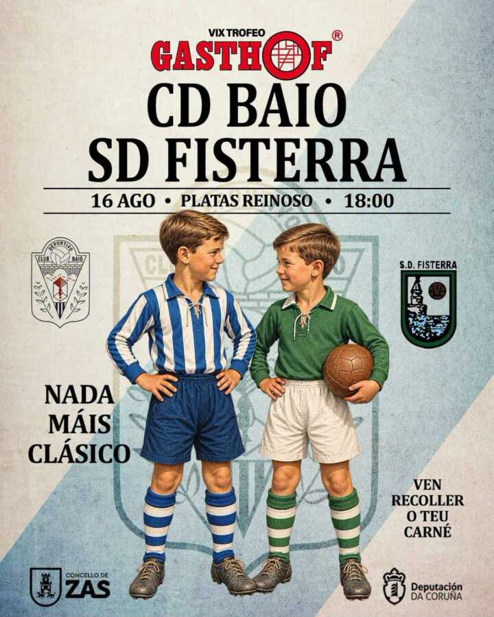 Cartel del Trofeo Gasthof entre CD Baio y SD Fisterra en el campo Platas Reinoso de Baio