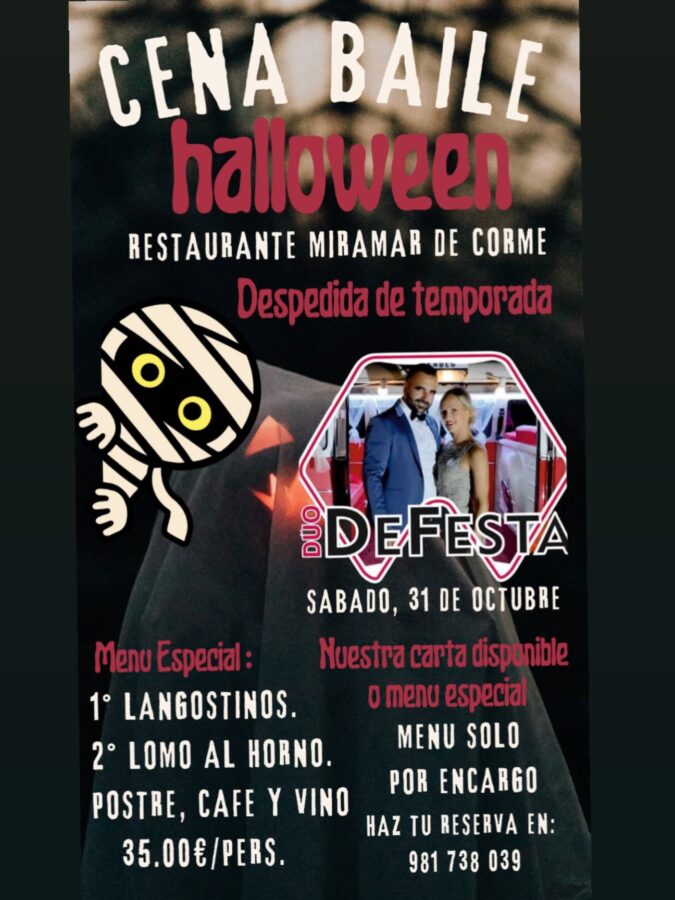 Cena-baile de Halloween en el Restaurante Miramar de Corme el 31 de octubre de 2026, con música del Dúo de Festa y menú especial de 35 €.