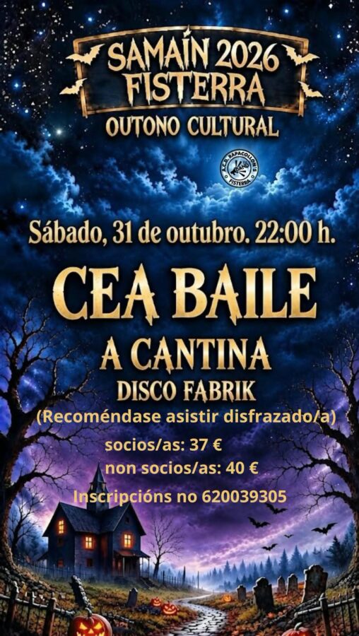Cartel do Samaín 2026 de Fisterra, cea baile do 31 de outubro ás 22:00 h.