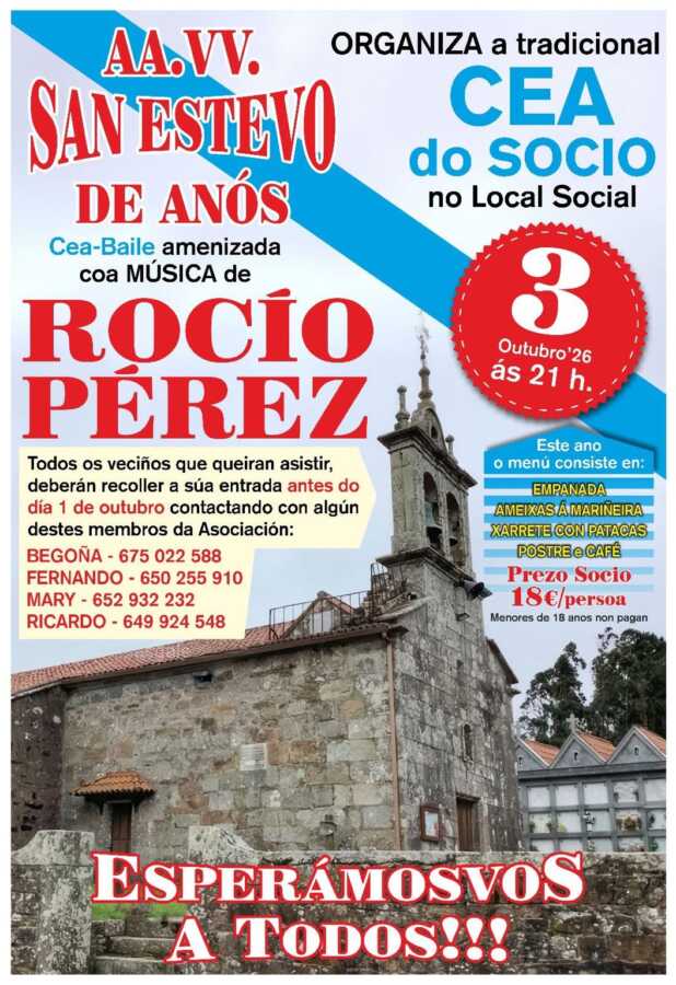 Cartel da tradicional Cea do Socio da A.A.V.V. San Estevo de Anos, o 3 de outubro de 2026 ás 21:00 no Local Social, con cea-baile amenizada por Rocío Pérez.