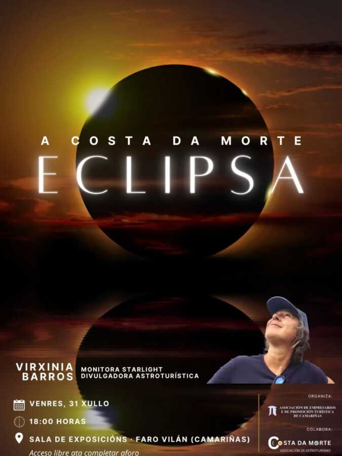 Cartel de la charla A Costa da Morte Eclipsa, impartida por Virginia Barros en la sala de exposiciones del Faro Vilán, Camariñas