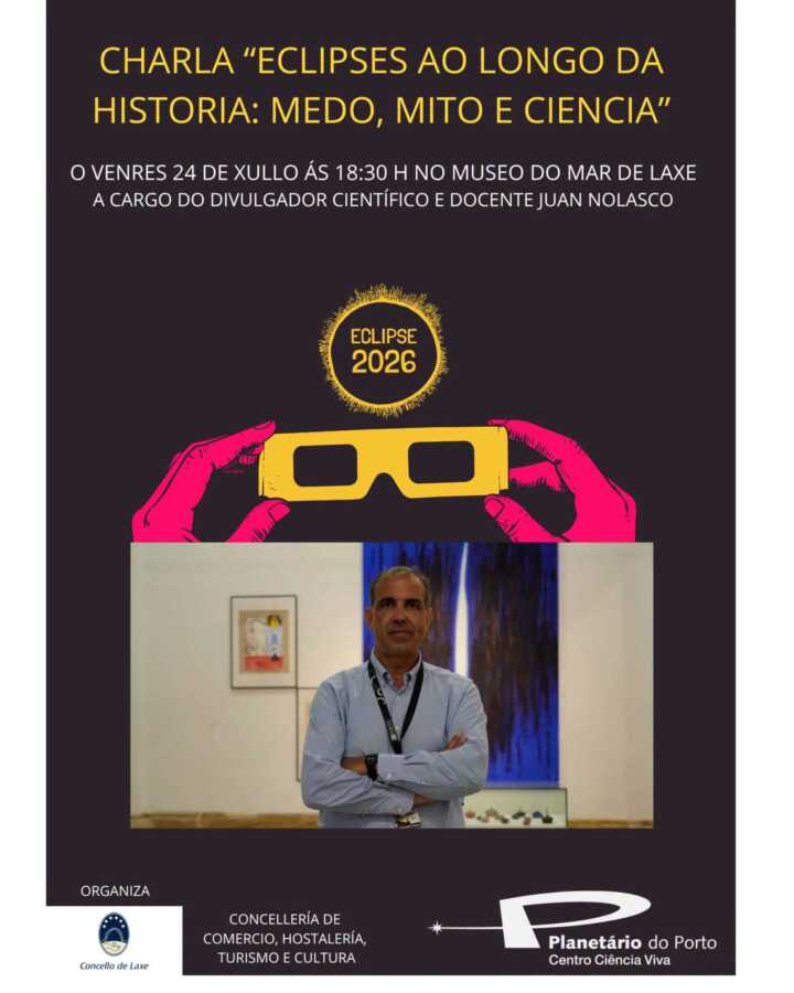 Cartel de la charla «Eclipses a lo largo de la historia: miedo, mito y ciencia» en el Museo do Mar de Laxe