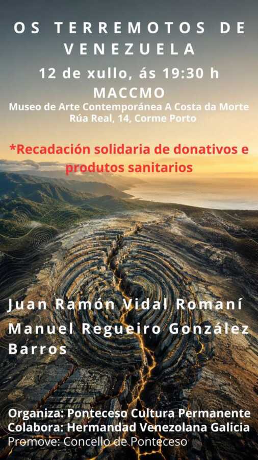 Cartel de la charla Os terremotos de Venezuela en el MACCMO de Corme, el 12 de julio de 2026