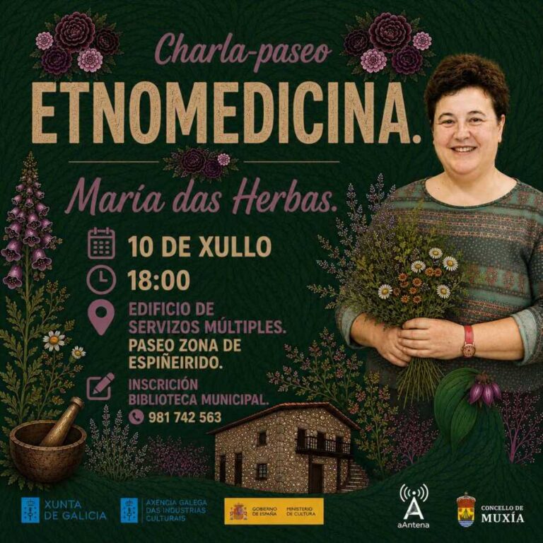 Cartel de la charla-paseo Etnomedicina con María das Herbas en Muxía, el 10 de julio de 2026