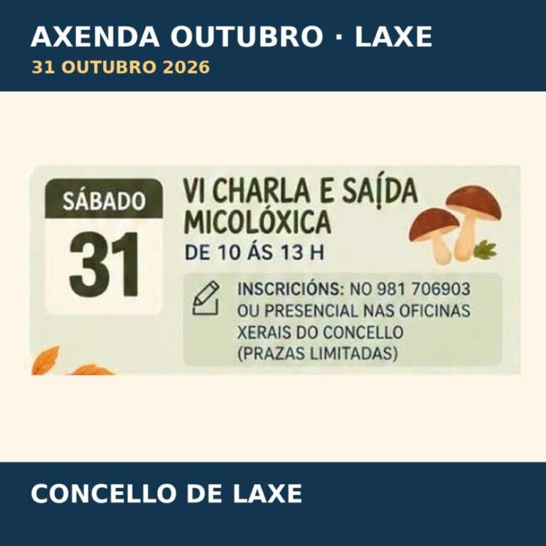 Charla e saída micolóxica en Laxe o sábado 31 de outubro de 2026 de 10:00 a 13:00, inscrición previa con prazas limitadas.