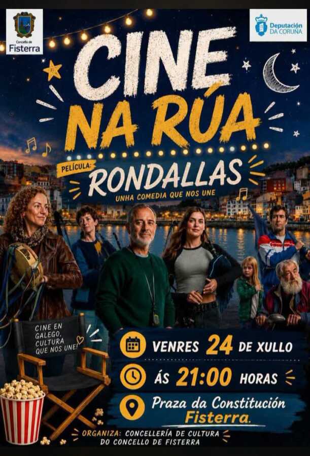 Cartel de Cine na Rúa con la película Rondallas en la Praza da Constitución de Fisterra el 24 de julio de 2026