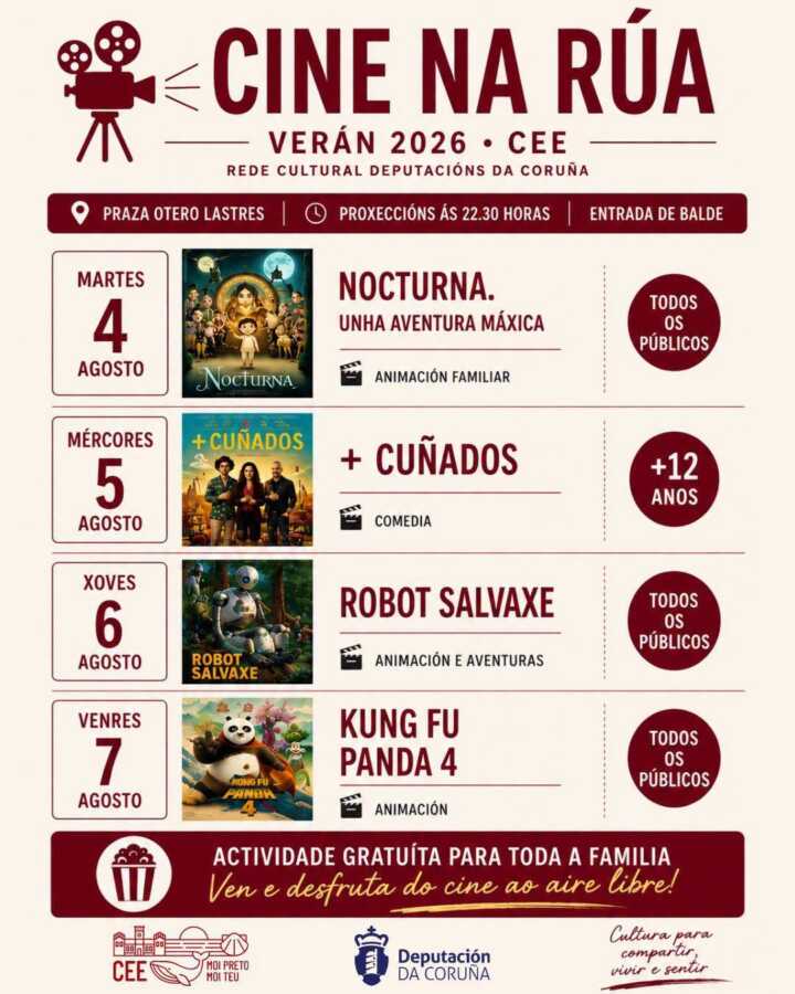 Cartel de Cine na Rúa Verán 2026 en Cee, con proyecciones del 4 al 7 de agosto