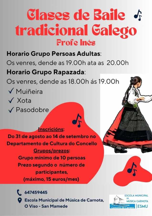 Cartel de las clases de baile tradicional gallego en la Escola Municipal de Música de Carnota