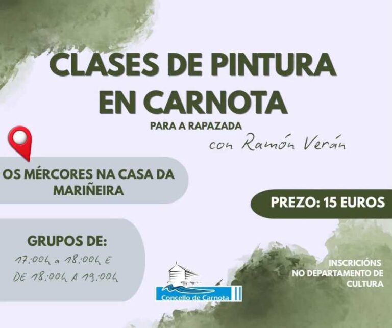 Cartel das clases de pintura para a rapazada en Carnota, os mércores na Casa da Mariñeira