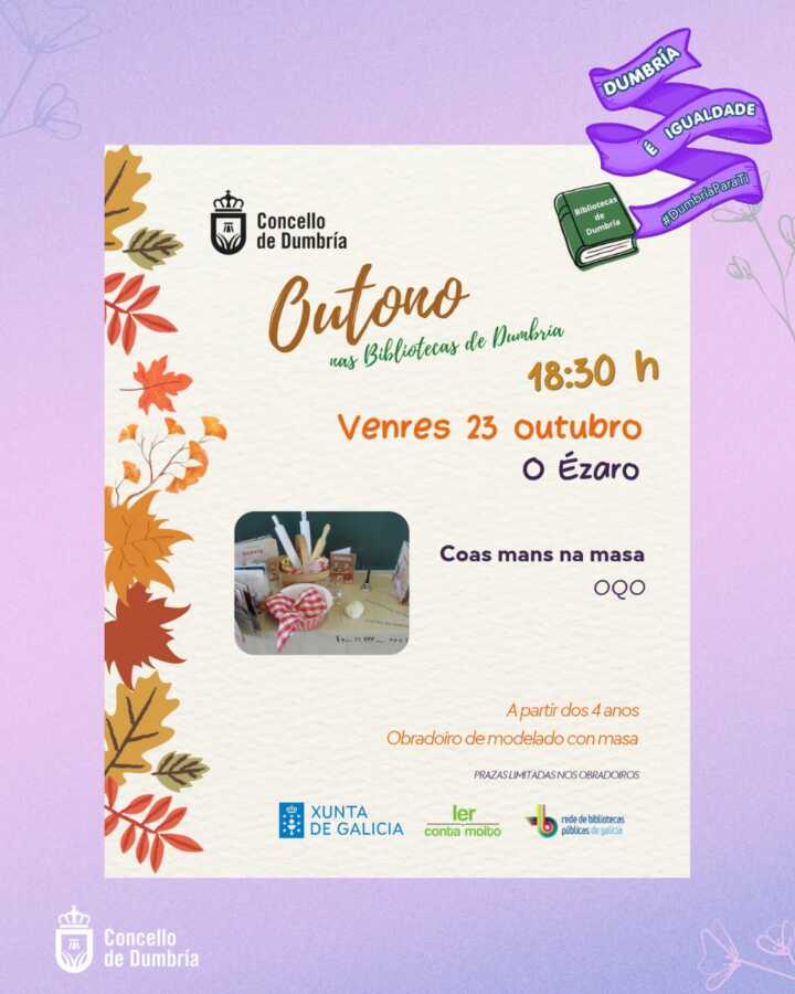 Cartel de Coas mans na masa, obradoiro de modelado para nenos e nenas no Ézaro, Dumbría.