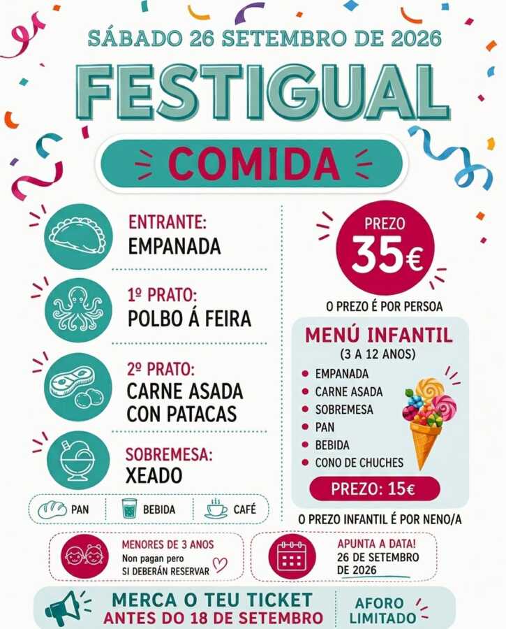 Cartel del xantar Festigual 2026 en Nantón, Cabana de Bergantiños, con menú y precios para el 26 de septiembre de 2026