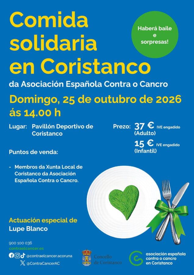 Cartel da comida solidaria da Asociación Española Contra o Cancro en Coristanco, 25 de outubro de 2026