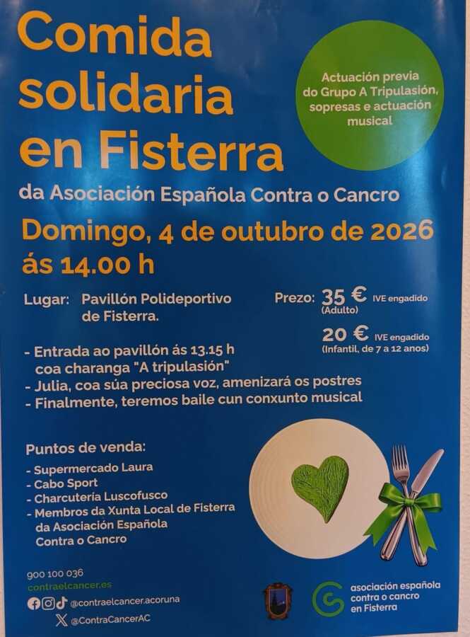 Cartel de la comida solidaria en Fisterra a beneficio de la Asociación Española Contra el Cáncer, el 4 de octubre de 2026.