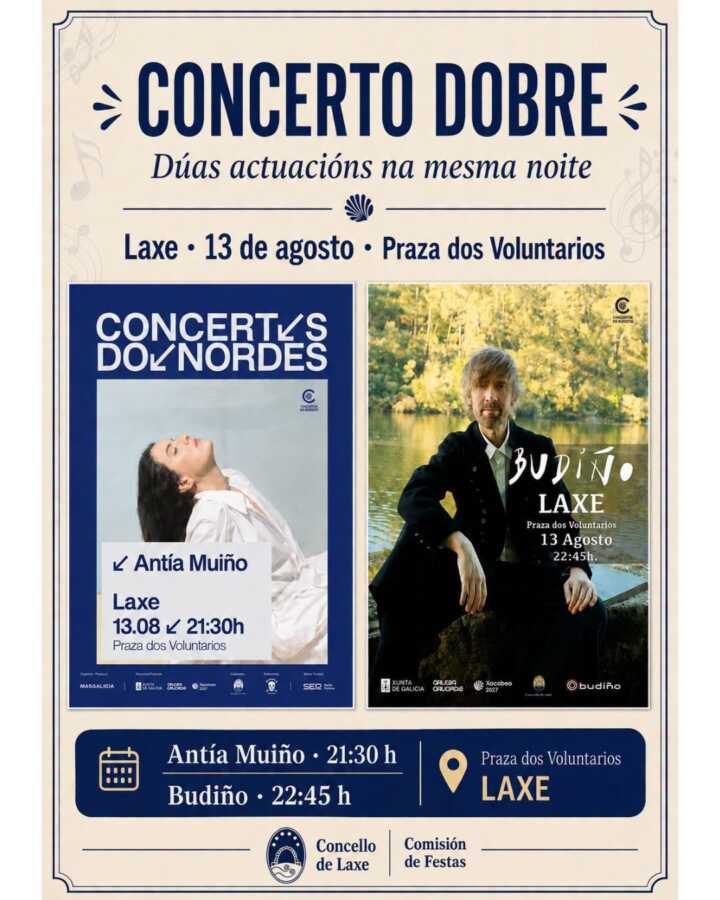 Cartel del concierto doble de Antía Muiño y Budiño en la Praza dos Voluntarios de Laxe