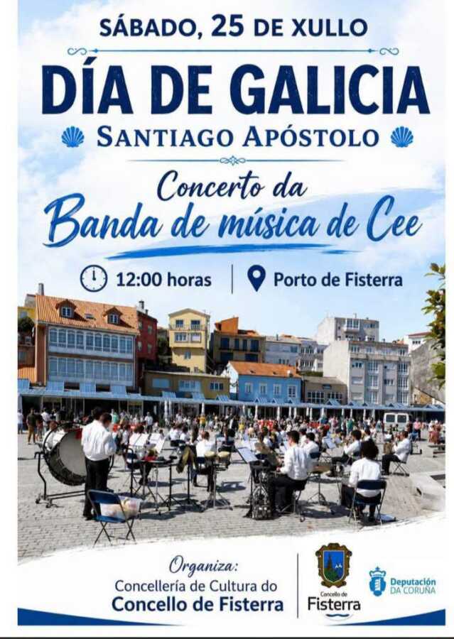 Cartel del concierto de la Banda de Música de Cee por el Día de Galicia en el puerto de Fisterra el 25 de julio de 2026