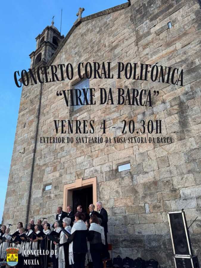 Cartel do concerto da Coral Polifónica Virxe da Barca no exterior do Santuario da Nosa Señora da Barca en Muxía