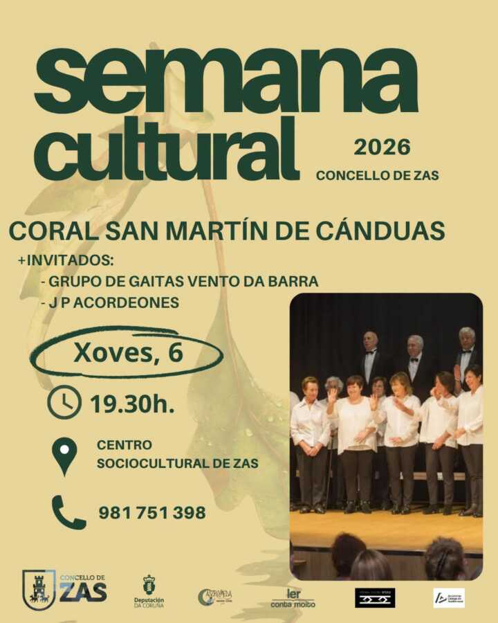Cartel do concerto da Coral San Martín de Cánduas na Semana Cultural de Zas 2026
