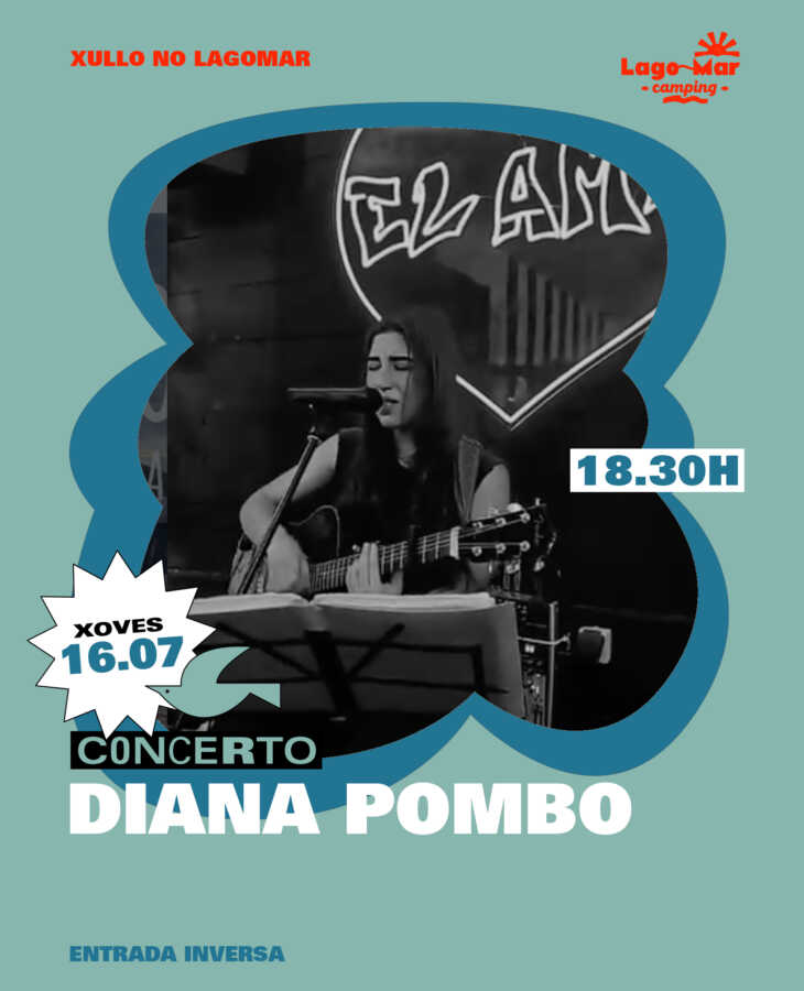 Cartel del concierto de Diana Pombo en Camping Lago-Mar, el jueves 16 de julio de 2026 a las 18:30 horas.
