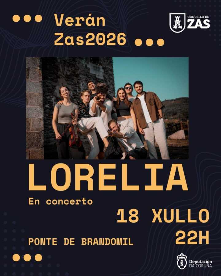 Cartel del concierto de Lorelia en Ponte de Brandomil, Zas, el 18 de julio de 2026