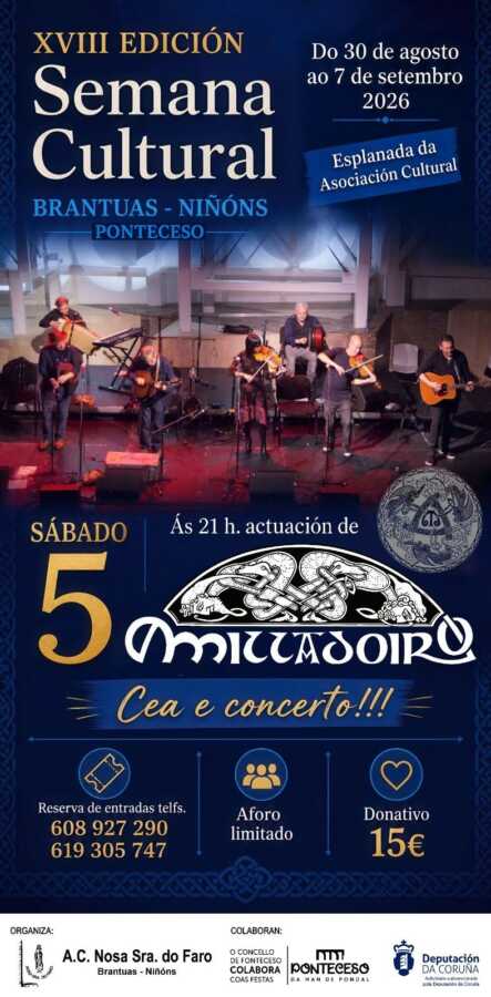 Cartel del concierto de Milladoiro en la XVIII Semana Cultural Brantuas-Niñóns, Ponteceso, el 5 de septiembre de 2026.