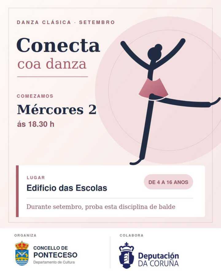Cartel de Conecta coa danza, actividad gratuita de danza clásica durante septiembre en el Edificio das Escolas de Ponteceso