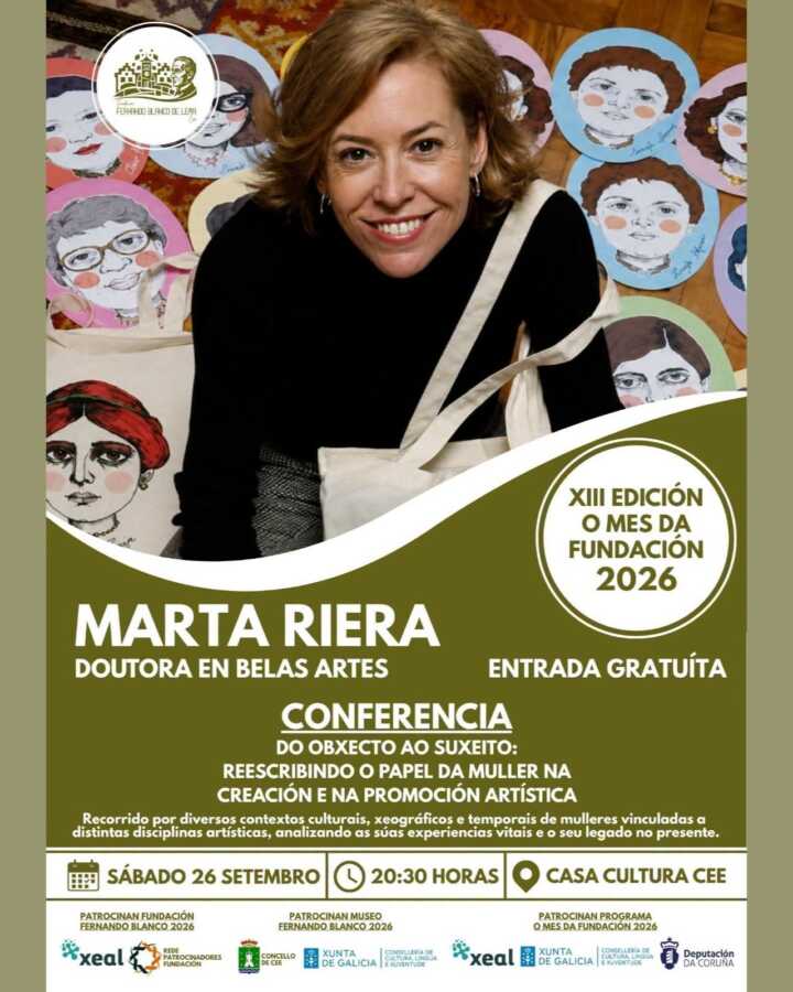 Cartel da conferencia de Marta Riera na XIII edición de O Mes da Fundación 2026 en Cee