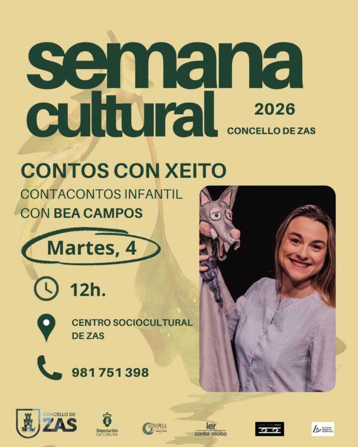 Cartel de Contos con xeito, sesión de contacontos infantil con Bea Campos en Zas