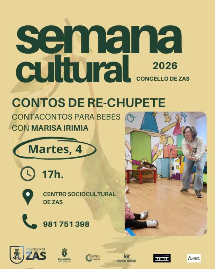 Cartel de Contos de Re-chupete con Marisa Irimia en el Centro Sociocultural de Zas