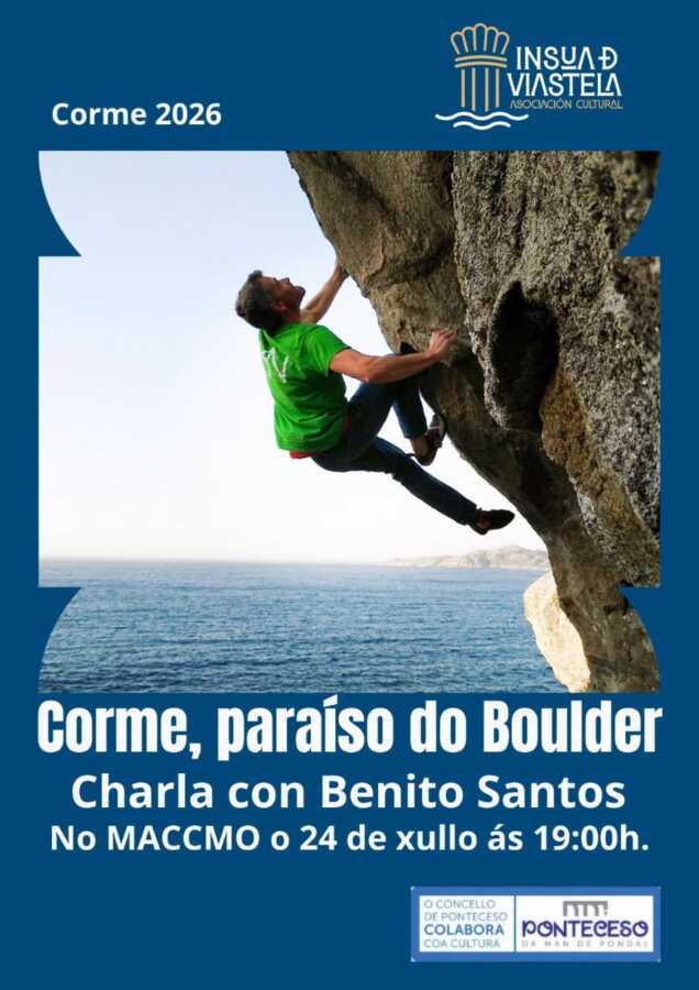 Cartel de la charla «Corme, paraíso do Boulder» con Benito Santos en el MACCMO