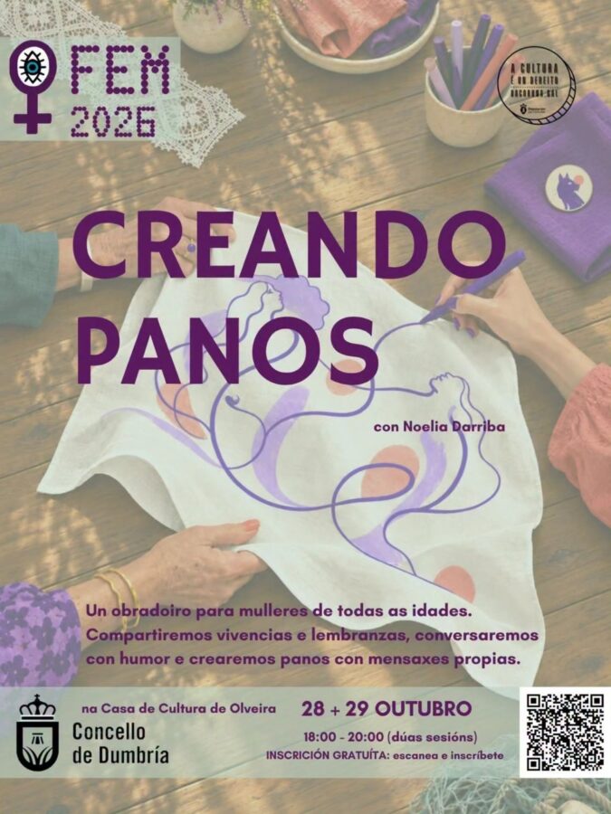 Cartel de Creando panos con Noelia Darriba, FEM 2026, 28 y 29 de octubre en Olveira, Dumbría