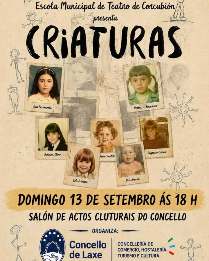 Cartel da representación teatral “Criaturas” en Laxe, o domingo 13 de setembro ás 18:00 no Salón de Actos Culturais.