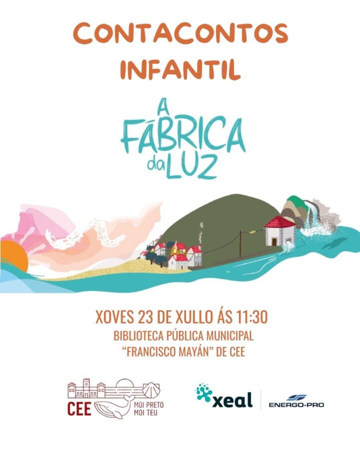Cartel del cuentacuentos infantil A Fábrica da Luz en la Biblioteca Municipal Francisco Mayán de Cee