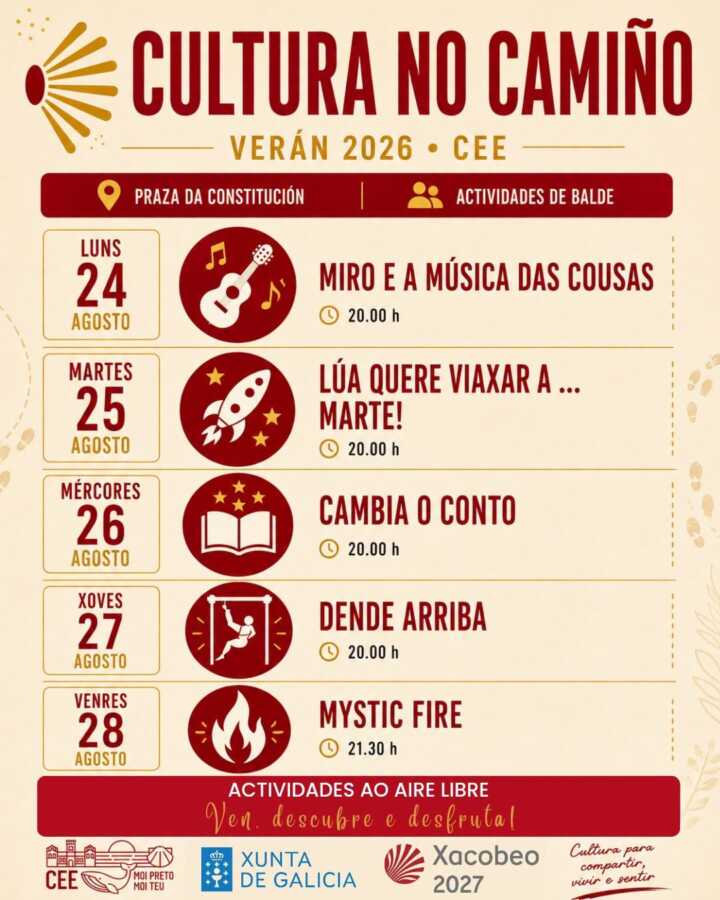 Cartel de Cultura no Camiño Verán 2026 en Cee, del 24 al 28 de agosto en la Praza da Constitución