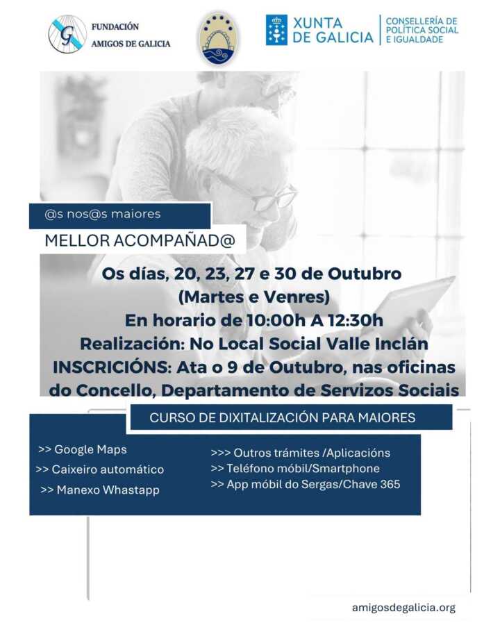 Cartel do curso de dixitalización para maiores en Laxe, con datas do 20, 23, 27 e 30 de outubro e horario de 10:00 a 12:30 no Local Social Valle Inclán.