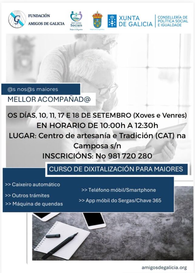 Cartel del curso de digitalización para personas mayores Mellor Acompañad@ en Buño, Malpica, septiembre de 2026