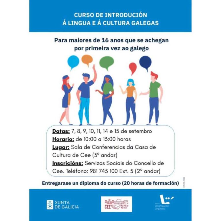 Cartel del curso de introducción a la lengua y cultura gallegas en Cee, septiembre de 2026