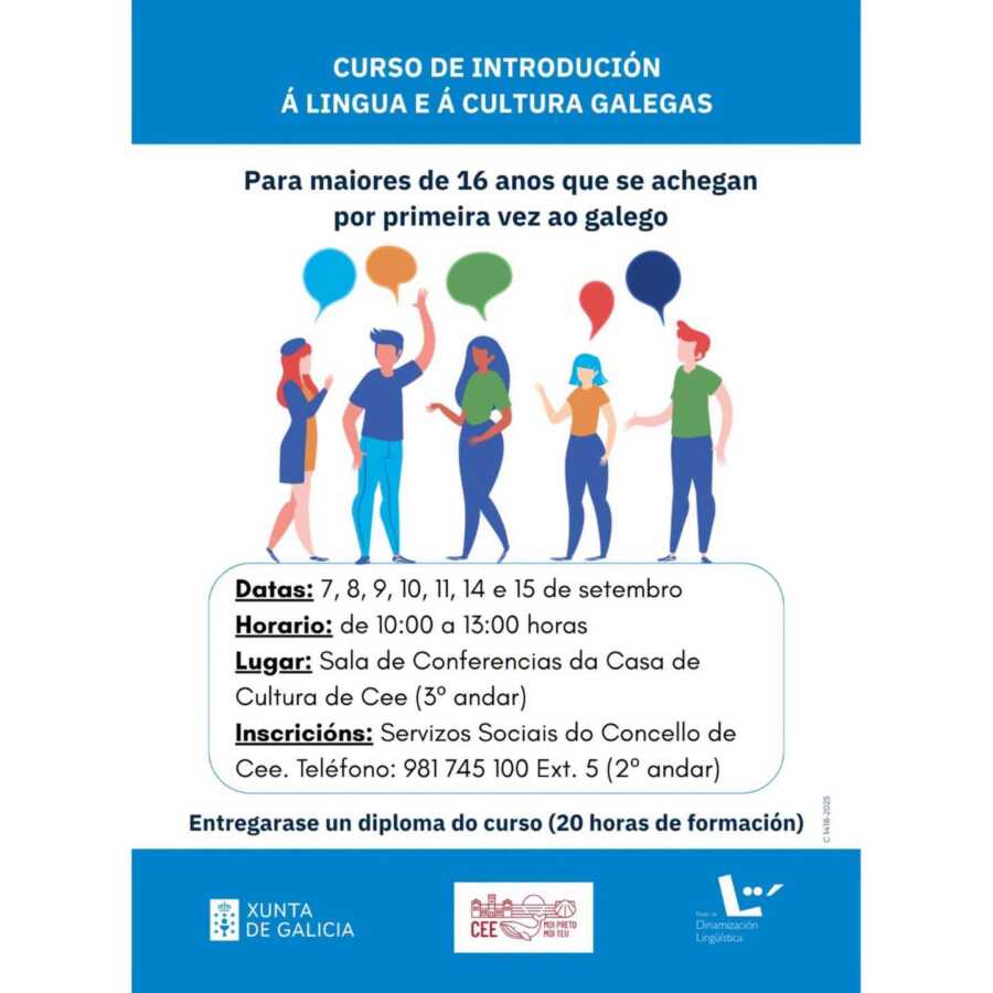 Cartel del curso de introducción a la lengua y cultura gallegas en Cee, septiembre de 2026