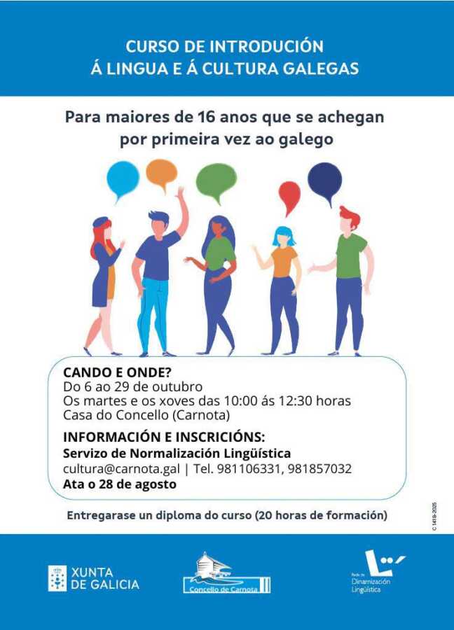 Cartel del curso de introducción a la lengua y cultura gallegas en Carnota, del 6 al 29 de octubre de 2026