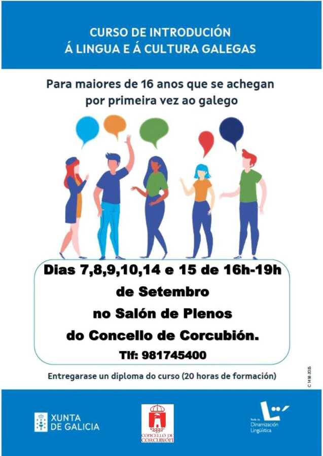 Cartel del curso de introducción a la lengua y cultura gallegas en Corcubión, del 7 al 15 de septiembre de 2026