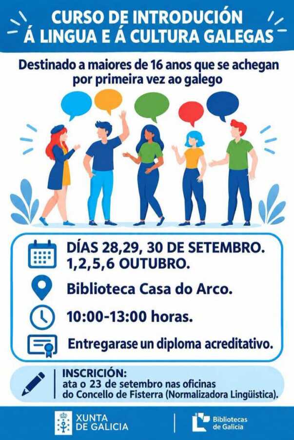Cartel do curso de introdución á lingua e á cultura galegas en Fisterra, do 28 de setembro ao 6 de outubro de 2026