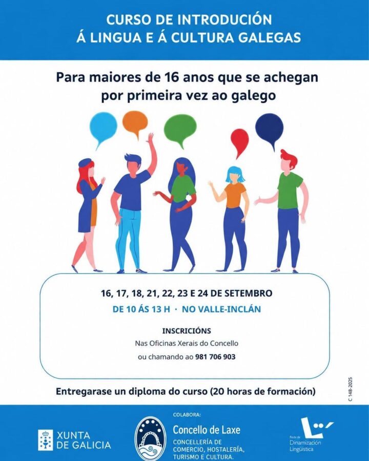 Cartel do Curso de introdución á lingua e á cultura galegas en Laxe, do 16 ao 24 de setembro de 2026