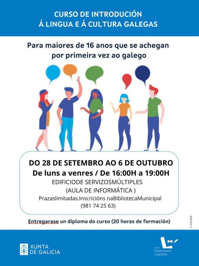 Cartel del Curso de introdución á lingua e á cultura galegas en Muxía, do 28 de setembro ao 6 de outubro de 2026