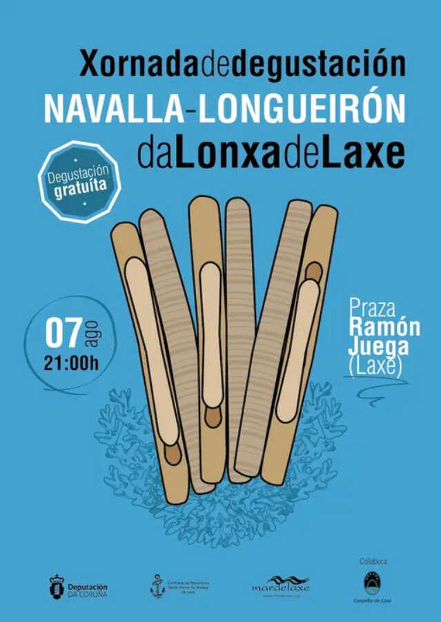 Cartel de la jornada de degustación de navalla y longueirón de la Lonxa de Laxe, 7 de agosto de 2026