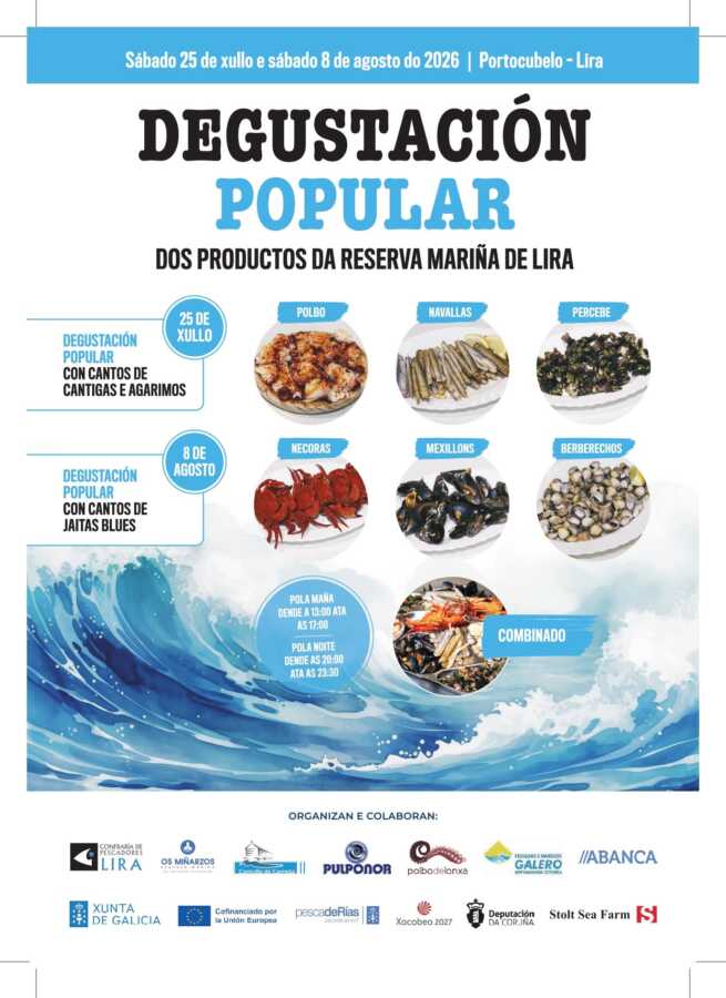 Cartel de la degustación popular de productos de la Reserva Mariña de Lira en Portocubelo, los días 25 de julio y 8 de agosto de 2026